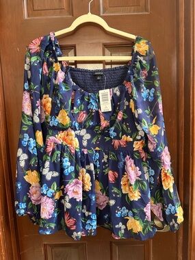 torrid Navy Floral Smocked Peasant Blouse